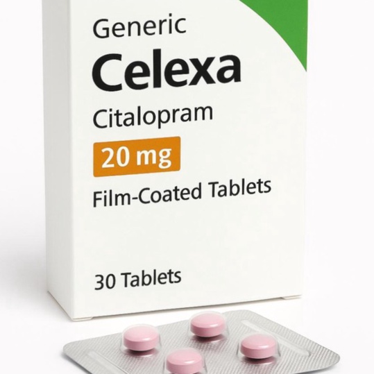 Boîte de Citalopram générique et smartphone pour achat en ligne