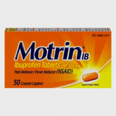 Acheter Motrin - comprimés d'ibuprofène sur fond blanc